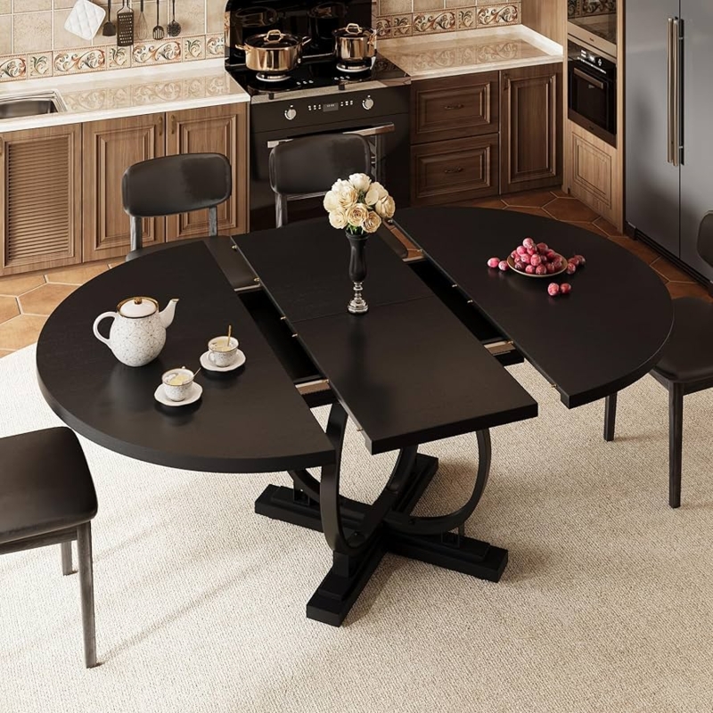 Extendable Black Dining Table Sculptural X-Base Matte Finish Oval