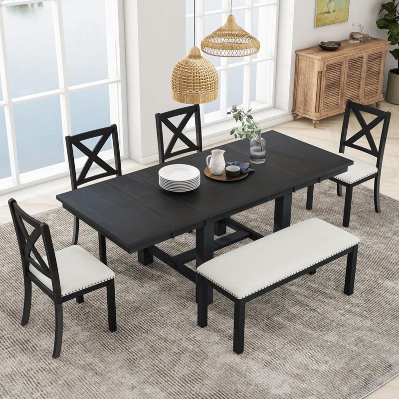 Extendable Dining Set Black with Nailhead Trim Bench & X-Back Chairs