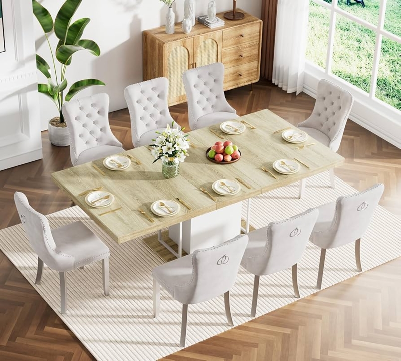 Extendable Dining Set Light Oak Beige Tufted Ring Pull Chairs