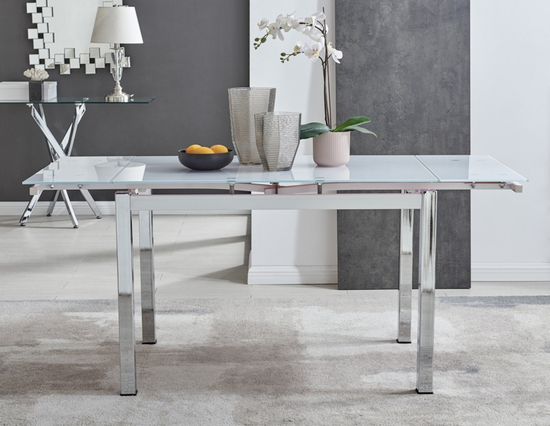 Extendable Dining Table featuring White Glass Finish and Chrome Legs