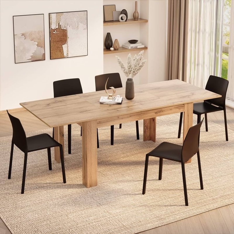 Extendable Dining Table Light Oak Thick Block Legs Minimalist Set
