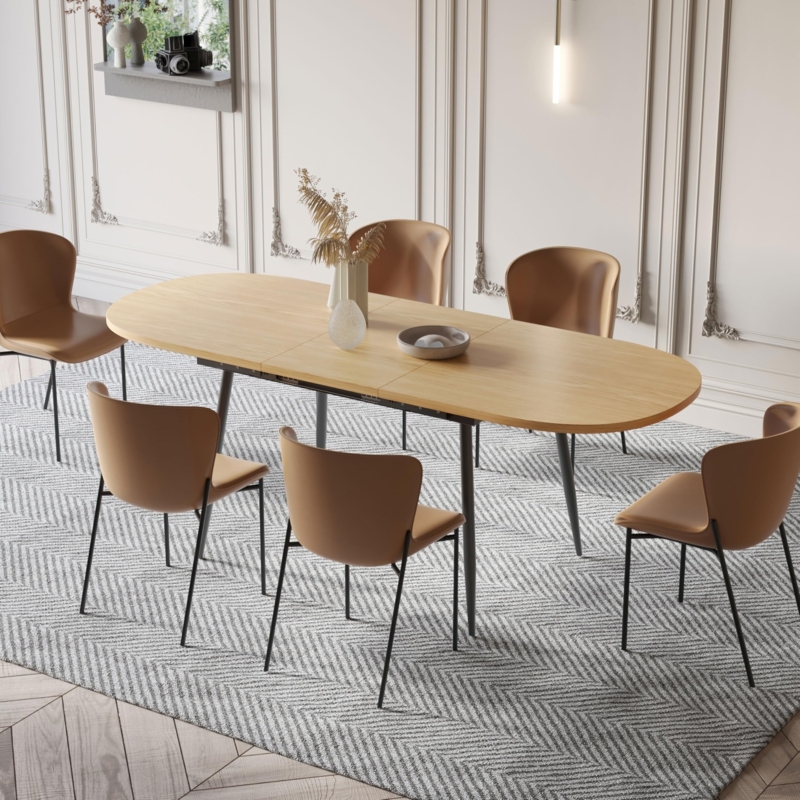Extendable Dining Table Oval Light Wood Top Black Metal Legs Scandinavian
