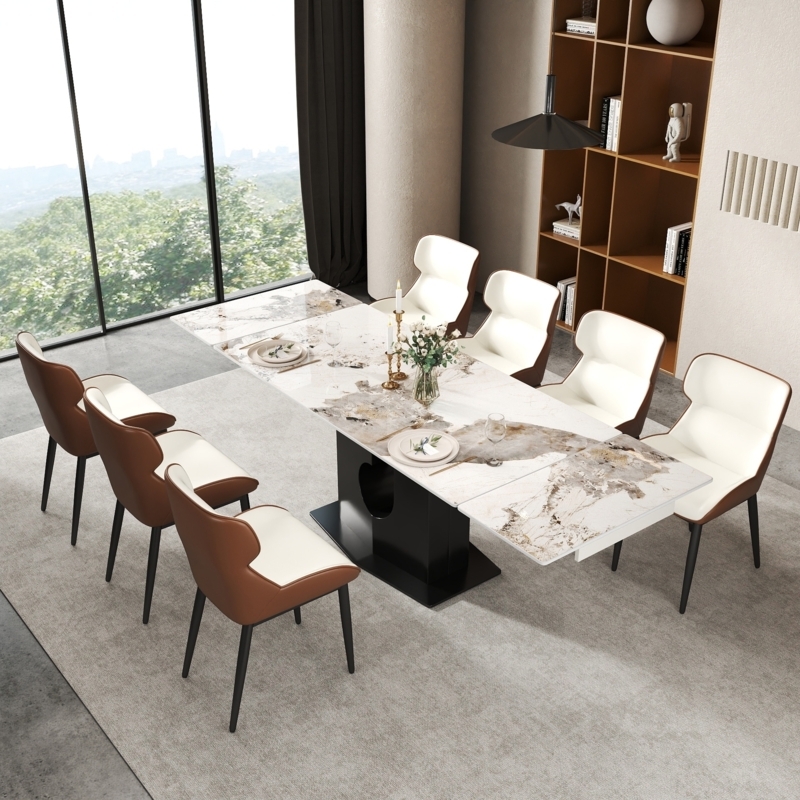 Extendable Dining Table: Sculptural Pedestal Base, Marble Effect Top