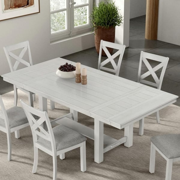 Extendable Dining Table Whitewashed Trestle Base Rustic Farmhouse