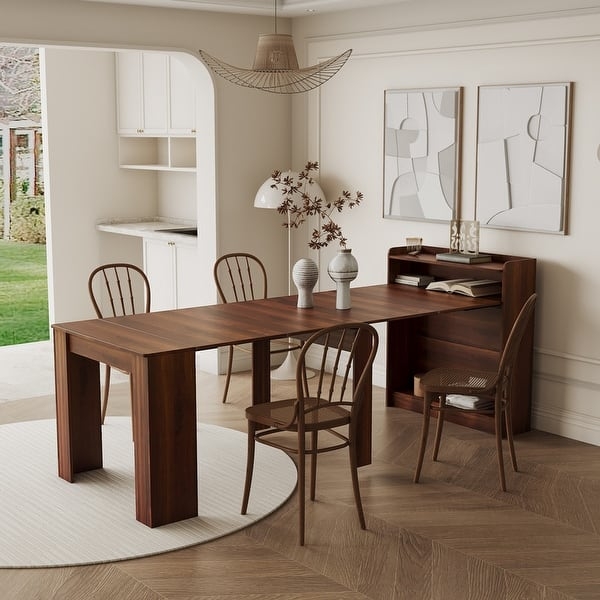 Extendable Dining Table With Integrated Wall Storage Cabinet Unit