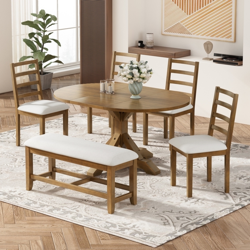 Extendable Oval Dining Set with Ladder Back Chairs and Bench