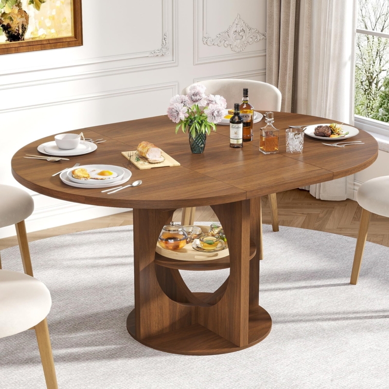 Extendable Oval Dining Table Walnut Pedestal Base Integrated Storage Shelf