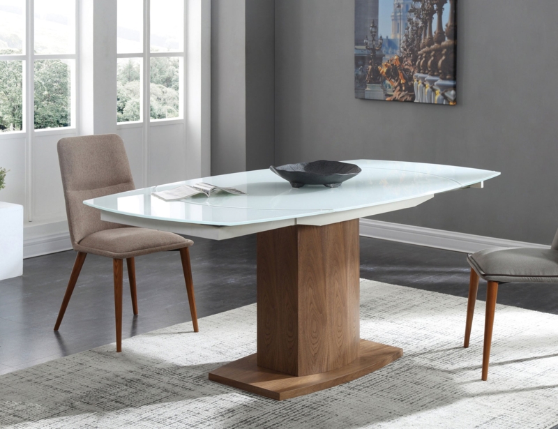 Extendable Oval Dining Table White Glass, Walnut Pedestal Base