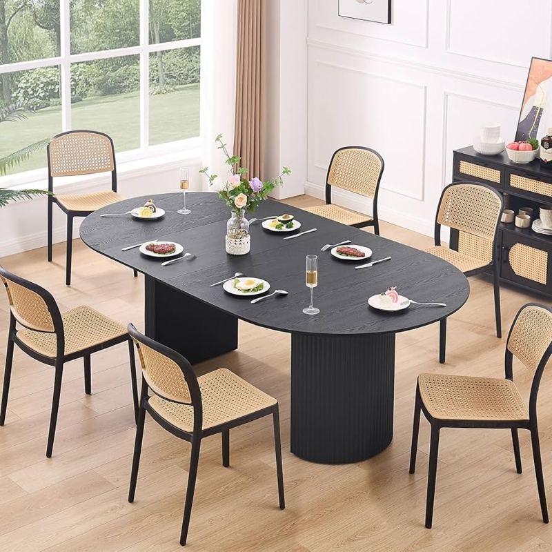 Extendable Oval Dining Table with Ribbed Pedestal Base
