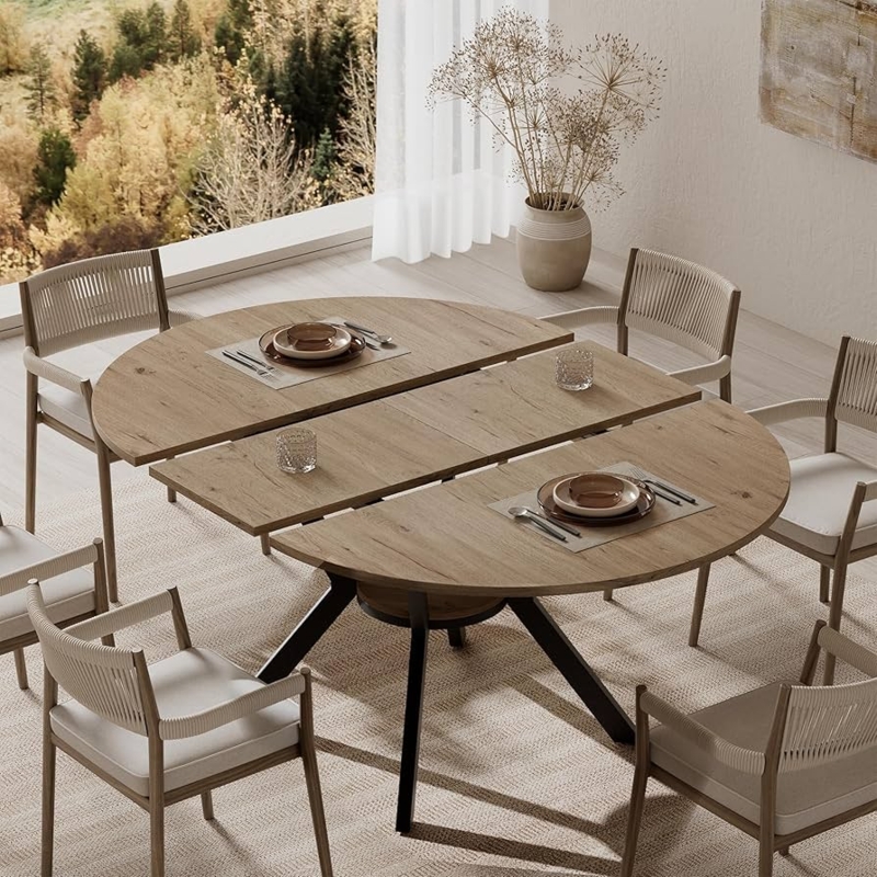 Extendable Round Dining Table Rope Back Chairs Wood and Metal Set