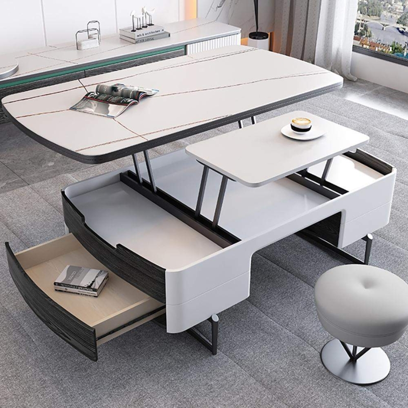 Extendable Stone Top Table with Dual Lift Mechanism and Drawer