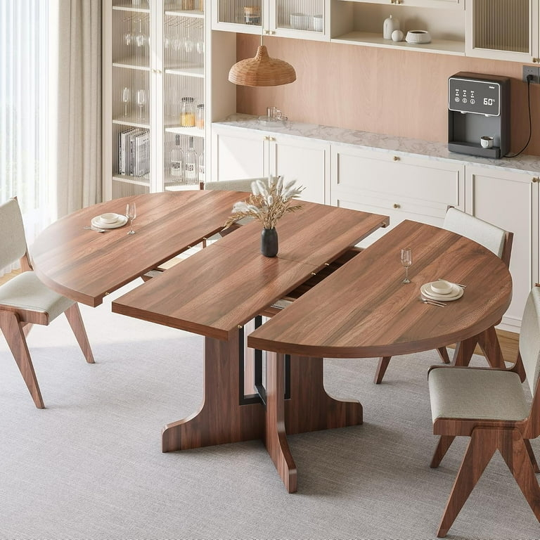 Extendable Walnut Dining Table Round to Oval Sculptural Pedestal Base