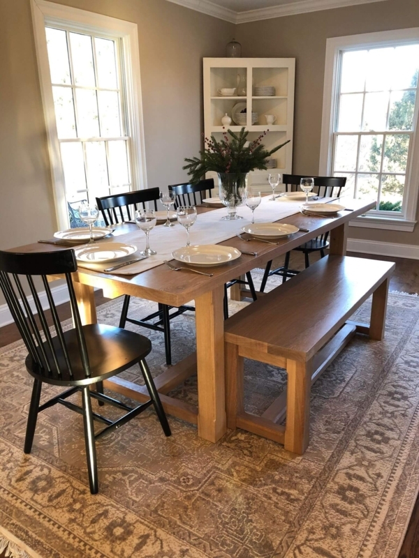 Extension Dining Table with Thick Block Legs and Matching Bench