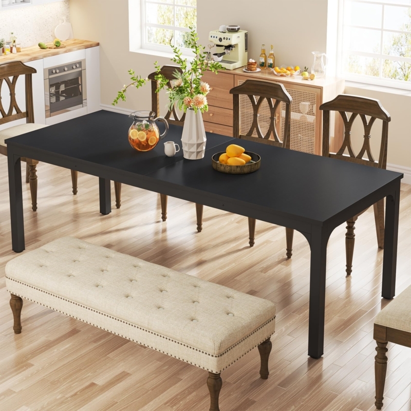 Extra Long Black Dining Table with Tufted Bench and X-Back Chairs