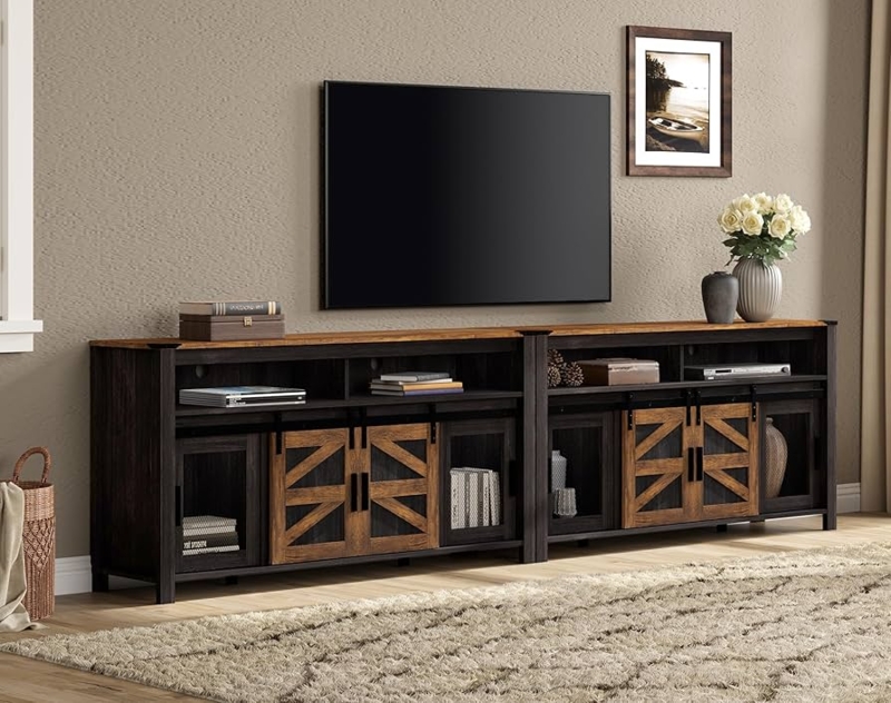 Extra Long Farmhouse TV Stand Mesh Barn Doors 100 Inch Black