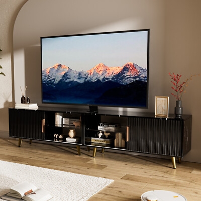 Extra Long TV Stand Black Fluted Sliding Doors, Modern Console.