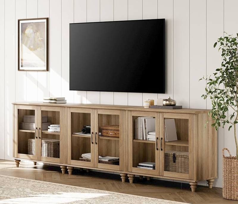 Extra Long TV Stand with Six Glass Doors and Turned Feet