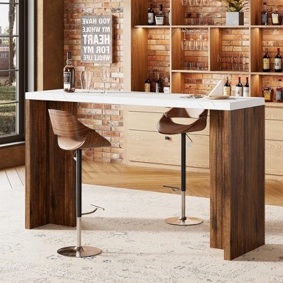 Extra Thick Bar Table: White Top & Wood Waterfall Legs