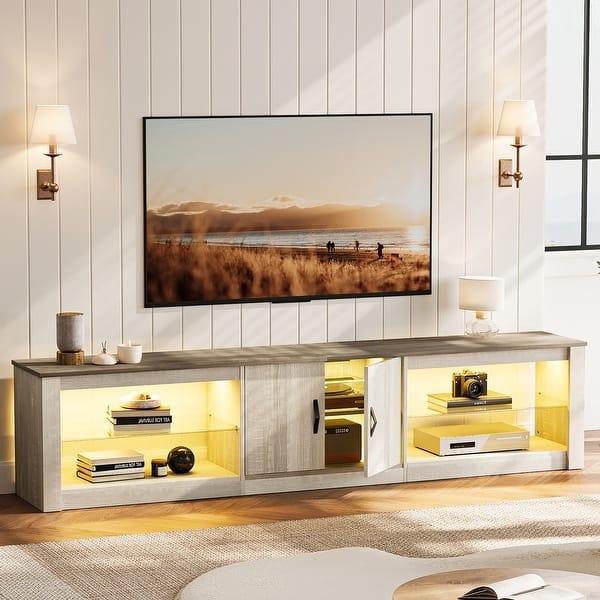 Extra Wide 80 Inch TV Stand with LED Lighting and Glass Shelves