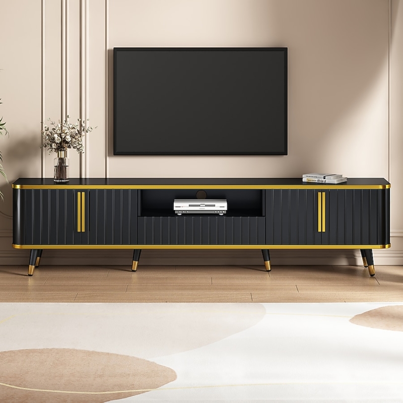 Extra Wide Black and Gold TV Stand with Ribbed Surface Texture