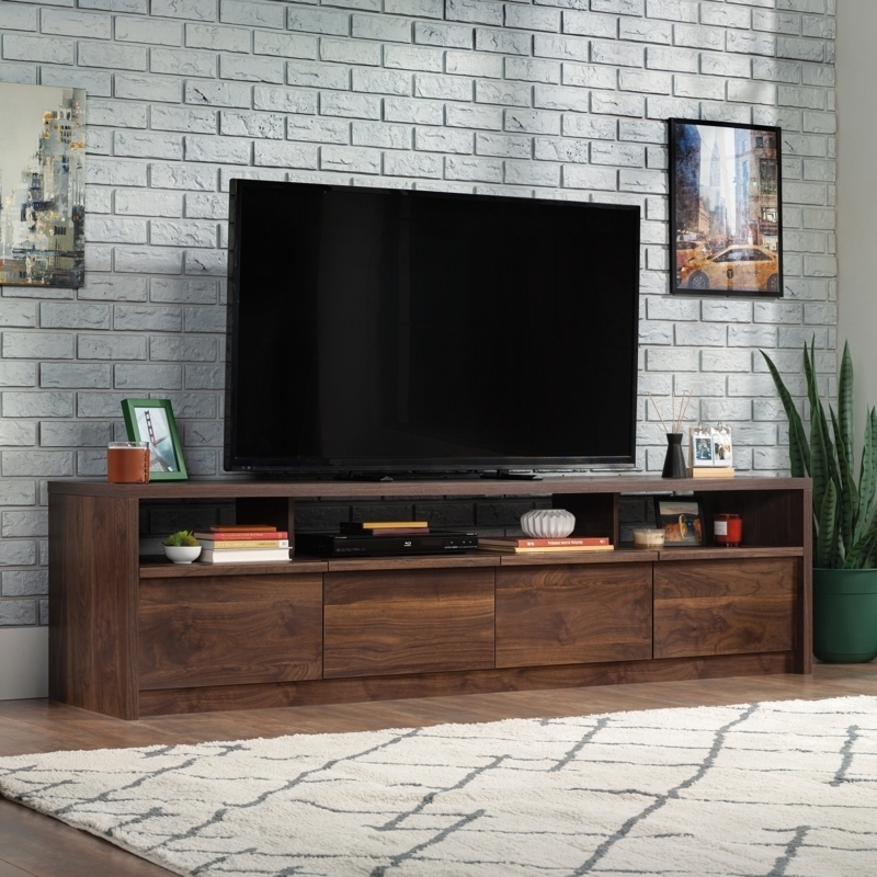Extra Wide Dark Walnut TV Stand with Four Doors and Open Shelving
