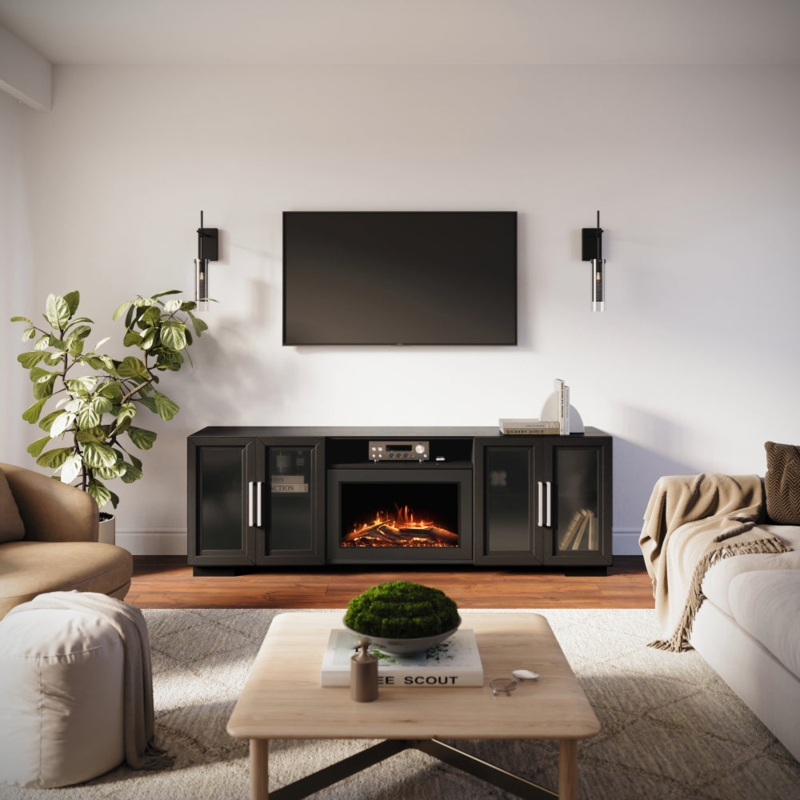 Extra Wide Fireplace TV Stand 80 Inch Matte Black Finish