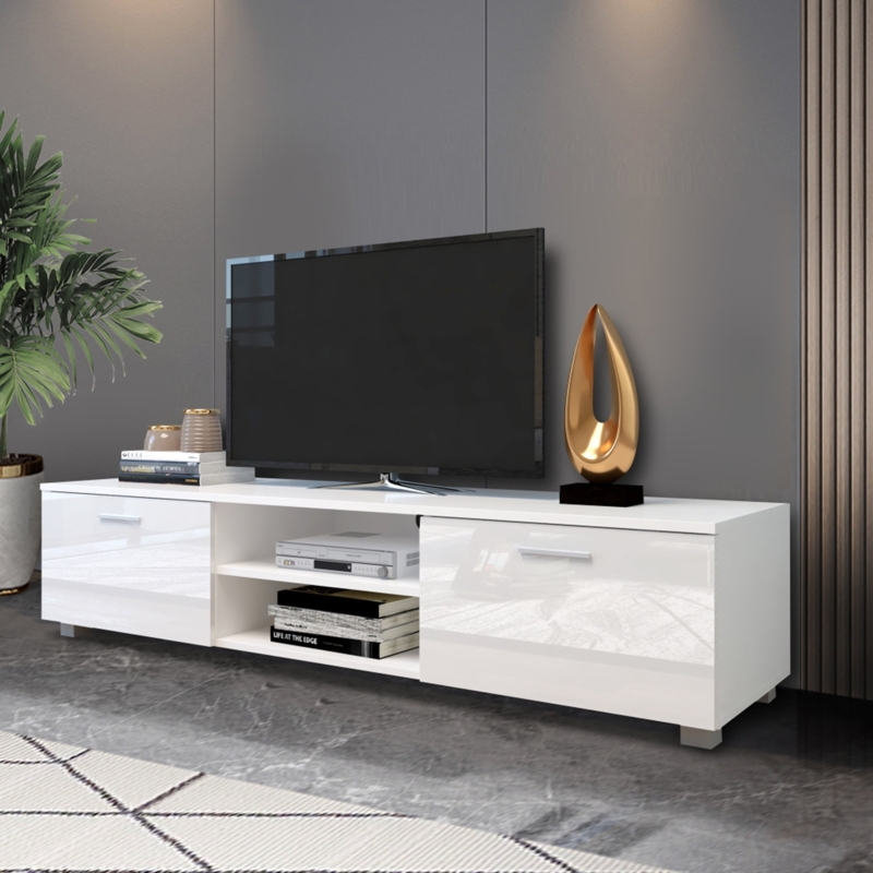 Extra Wide High Gloss White TV Stand Modern Style