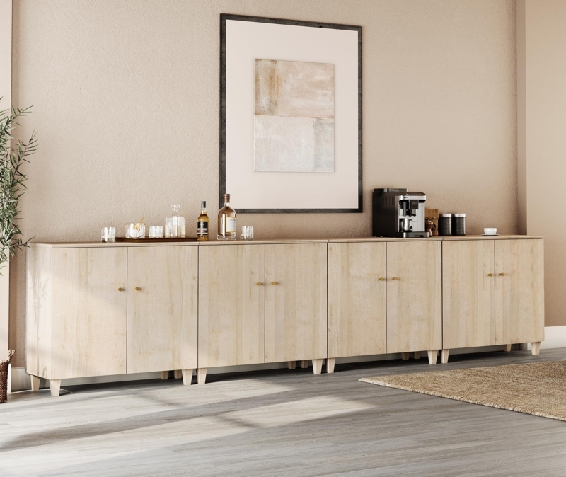 Extra Wide Light Oak Sideboard, 8-Door Modular Buffet Credenza