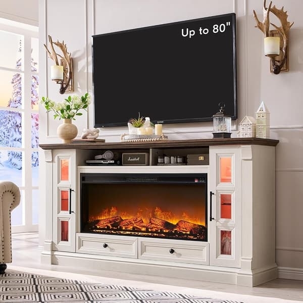 Extra Wide Off-White Farmhouse TV Stand with Illuminated Cabinets