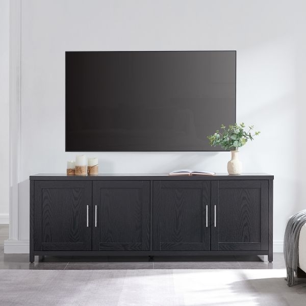 Extra Wide TV Cabinet with Black Wood Grain and Shaker Doors.