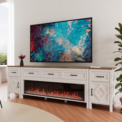 Extra Wide TV Console with Electric Fireplace and Diamond Pattern Doors