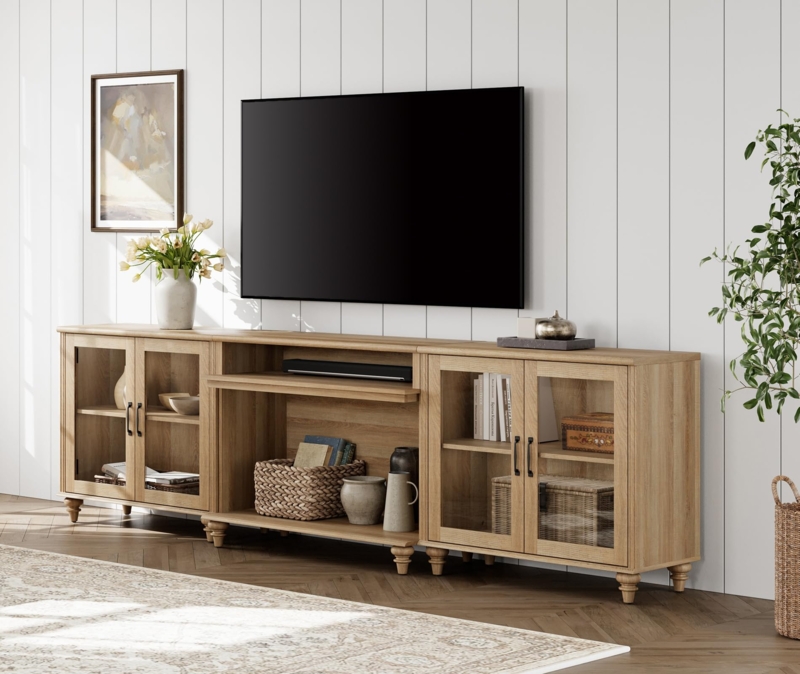 Extra Wide TV Stand Light Wood Four Glass Doors Turned Legs