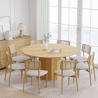 Faceted Pedestal Round Dining Table, Light Wood, Mid-Century Modern