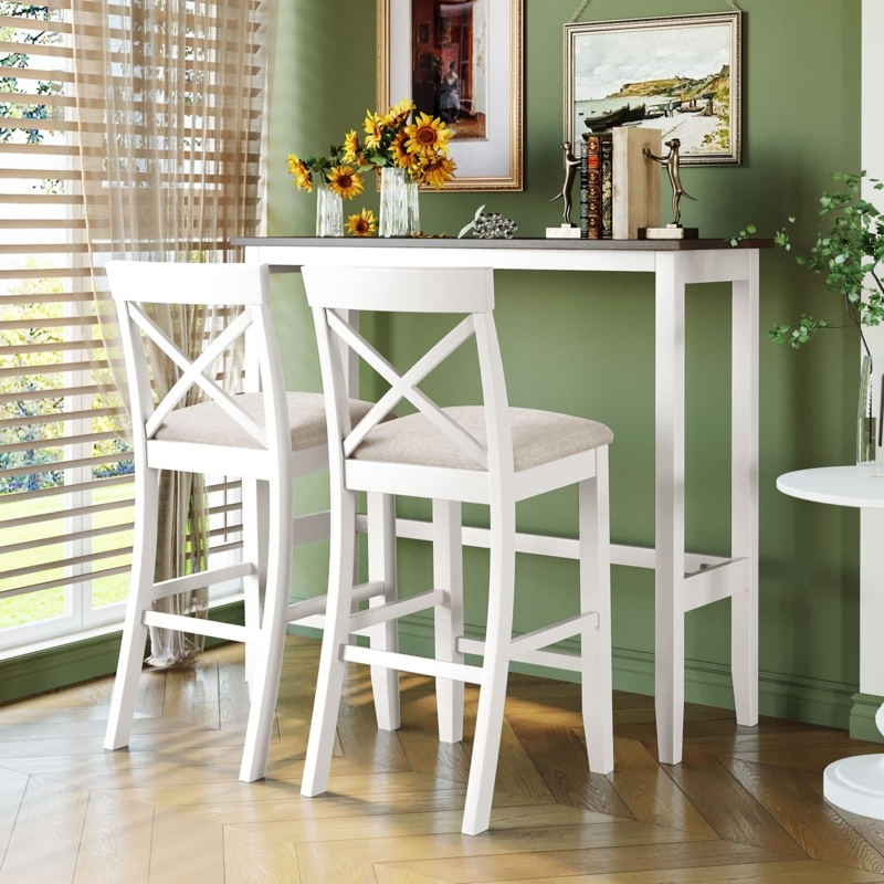Farmhouse 3-Piece Bar Set: White Frame & X-Back Stools