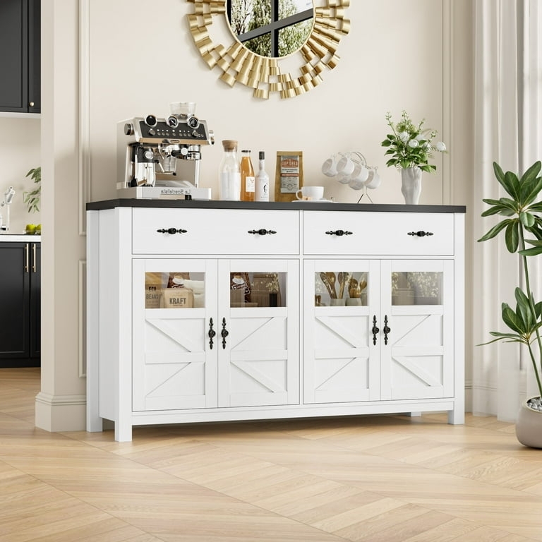 Farmhouse Buffet Cabinet with X-Brace Glass Doors and Contrasting Black Top