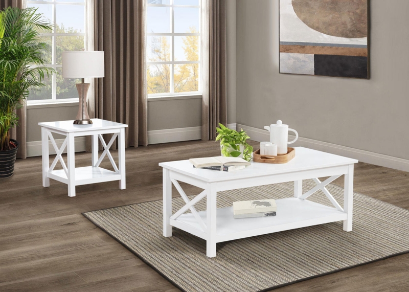 Farmhouse Coffee Table Set featuring X-Side Panels and Shelf