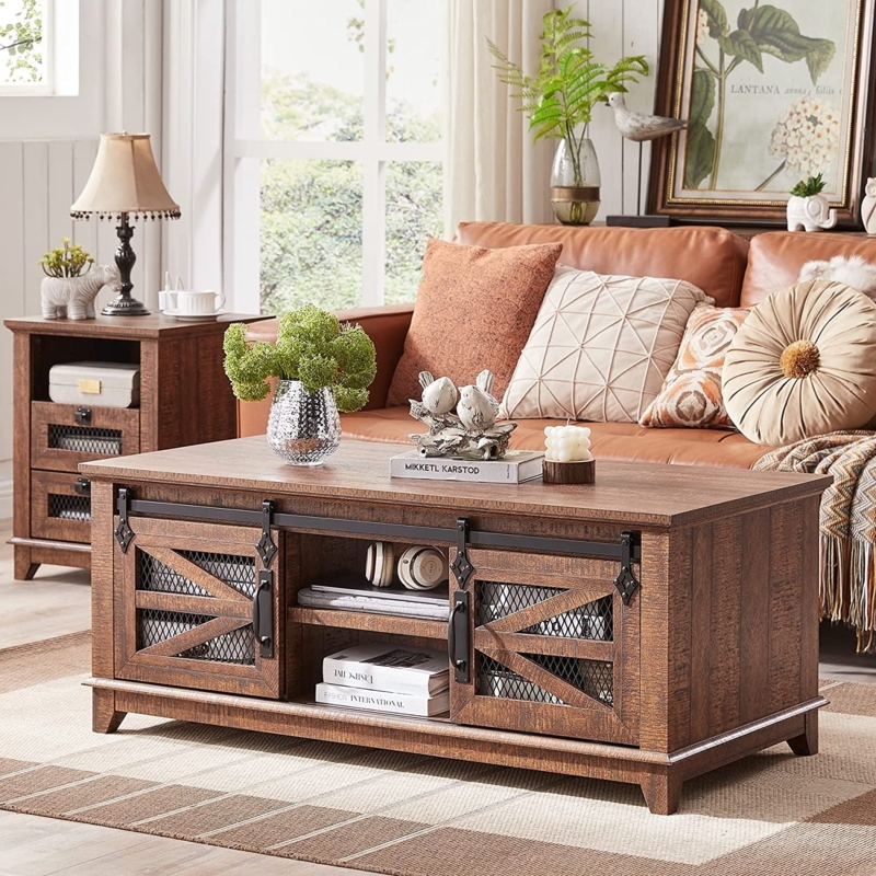 Farmhouse Coffee Table with Barnwood Finish and Metal Mesh Inserts