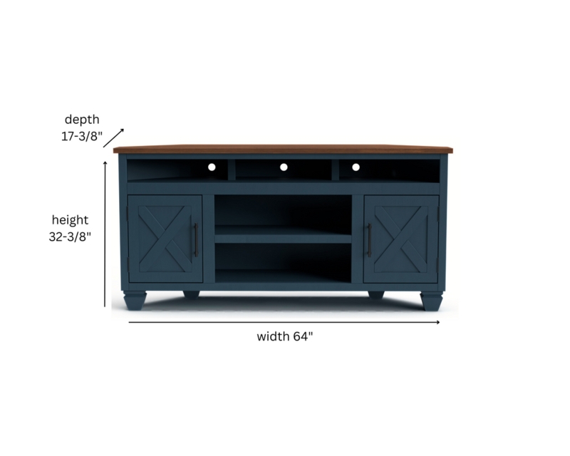 Farmhouse Corner TV Stand, Navy & Wood Barn Door Media Console