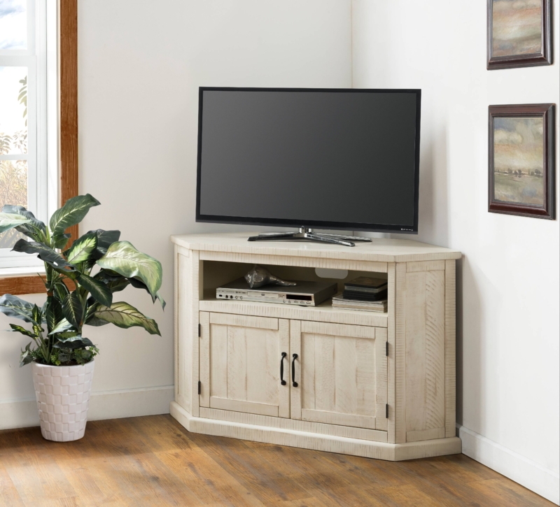 Farmhouse Corner TV Stand Vertical Plank Doors, Distressed White