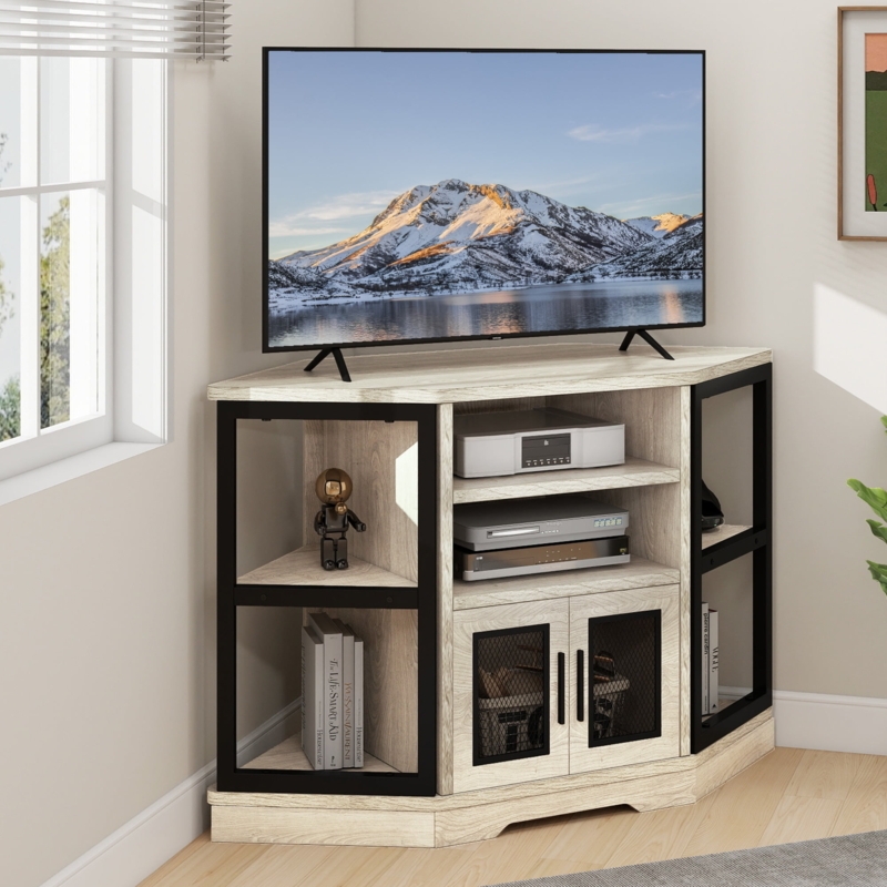 Farmhouse Corner TV Stand White Oak Black Mesh Doors