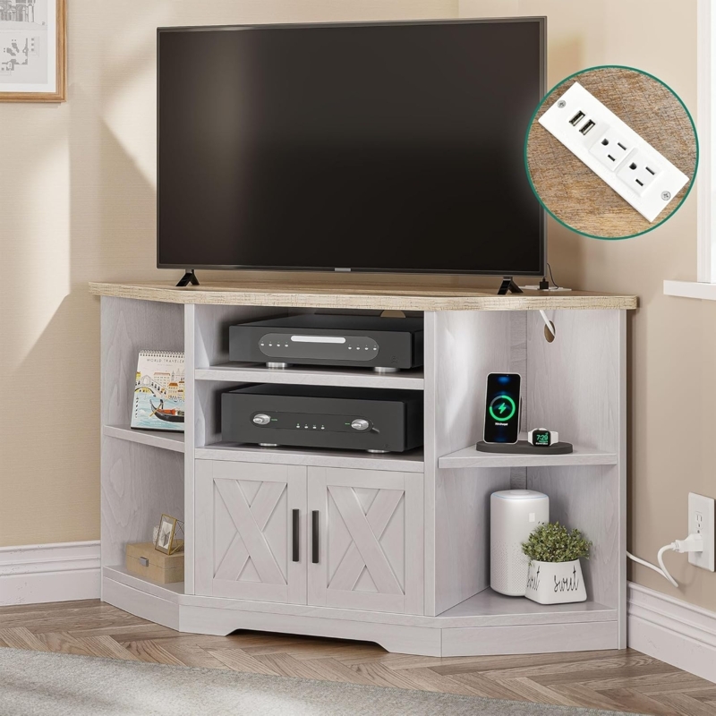 Farmhouse Corner TV Stand Whitewashed with Integrated Charging Station
