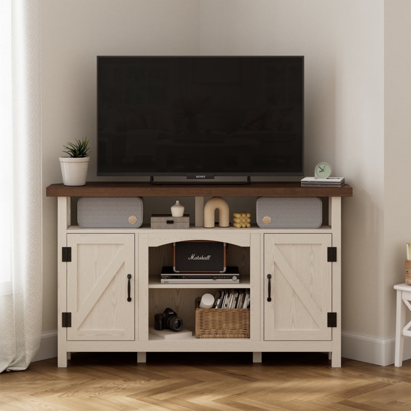 Farmhouse Corner TV Stand with Barn Doors and Two-Tone Finish