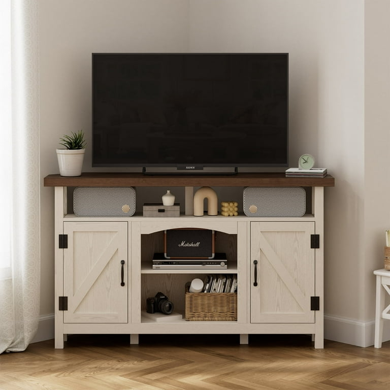 Farmhouse Corner TV Stand with X-Brace Doors and Two-Tone Oak Finish
