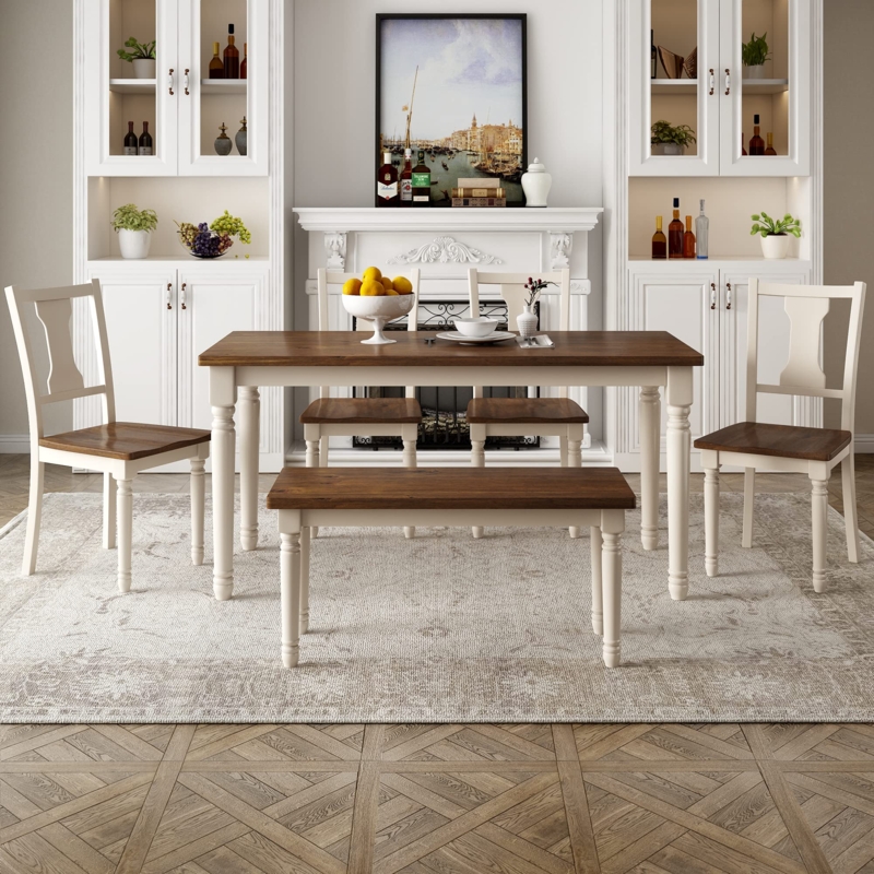 Farmhouse Dining Set 6 Piece Two Tone Splat Back Chairs Turned Legs