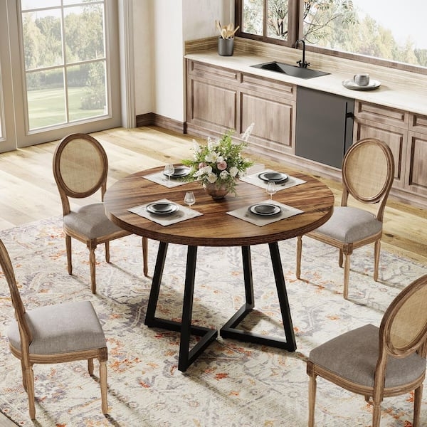 Farmhouse Dining Set Cane Back Chairs Rustic Brown Geometric Base
