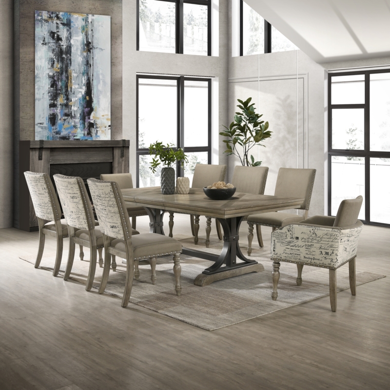 Farmhouse Dining Set Driftwood Trestle Table Script Pattern Chairs