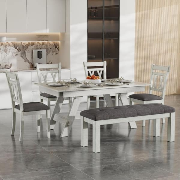 Farmhouse Dining Set Trestle Base Tufted Bench X-Back Design