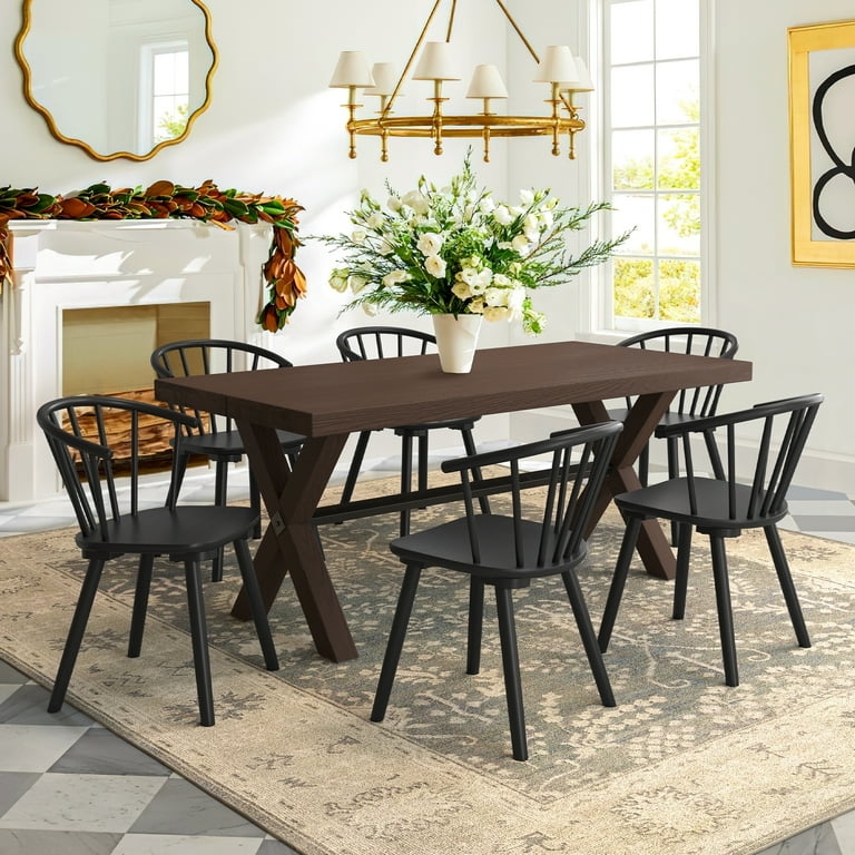 Farmhouse Dining Set Trestle Table Spindle Back Chairs Dark Wood