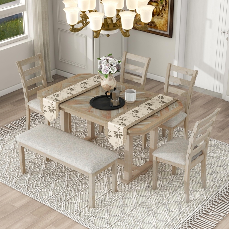 Farmhouse Dining Set Two-Tone Finish Bench Ladder Back Chairs