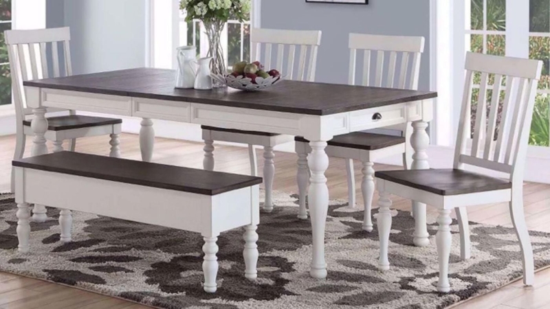 Farmhouse Dining Set with Bench, Turned Legs, and Two-Tone Finish